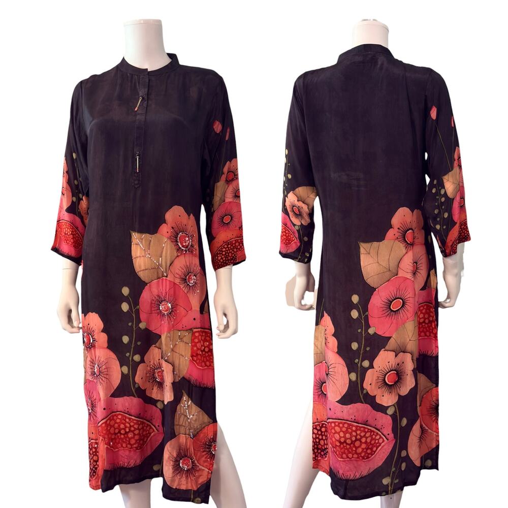 Kalki Indo Western Kurta Dress Midi Purple Floral Tunic Boho Artsy Womens Large